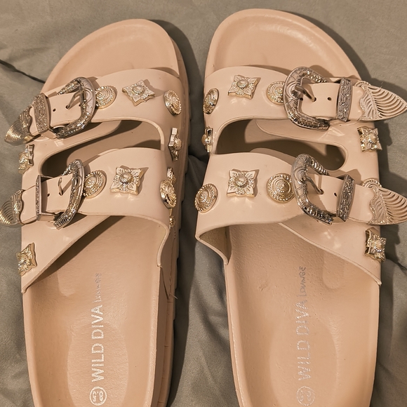 Wild Diva Shoes - Wild Diva Beige Sandals with Gold Embellishments